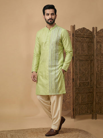 Men's Lime Green Mirror Work Kurta & Cream Patiala Set