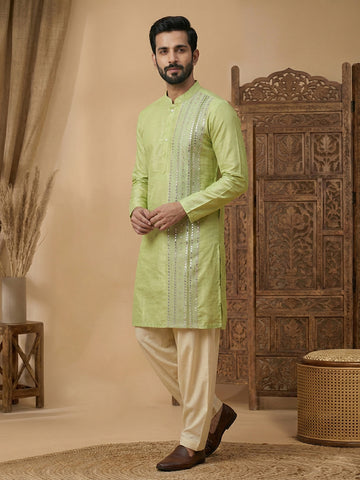 Men's Lime Green Mirror Work Kurta & Cream Patiala Set