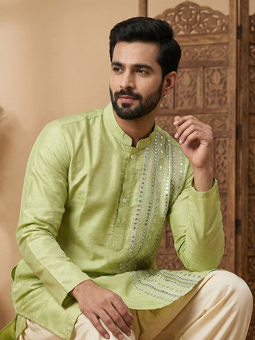 Men's Lime Green Mirror Work Kurta & Cream Patiala Set