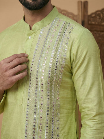 Men's Lime Green Mirror Work Kurta & Cream Patiala Set