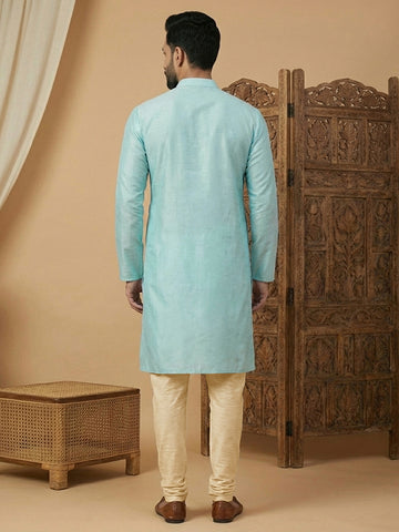 Men's Sky Blue Silk Kurta and Pant Set with Mirror Work Embroidery