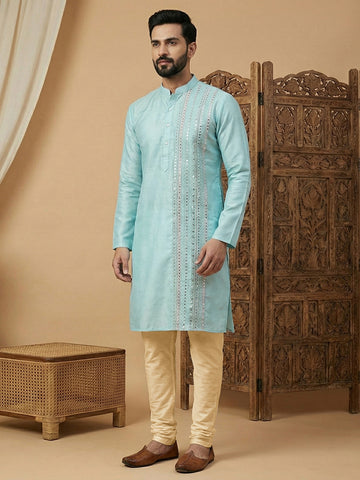 Men's Sky Blue Silk Kurta and Pant Set with Mirror Work Embroidery
