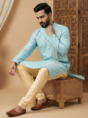 Men's Sky Blue Silk Kurta and Pant Set with Mirror Work Embroidery