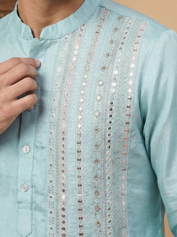 Men's Sky Blue Silk Kurta and Pant Set with Mirror Work Embroidery