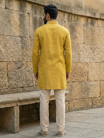 Men's Mustard Yellow Linen Kurta with Off-White Pants Set