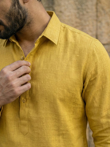 Men's Mustard Yellow Linen Kurta with Off-White Pants Set