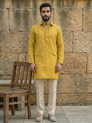 Men's Mustard Yellow Linen Kurta with Off-White Pants Set