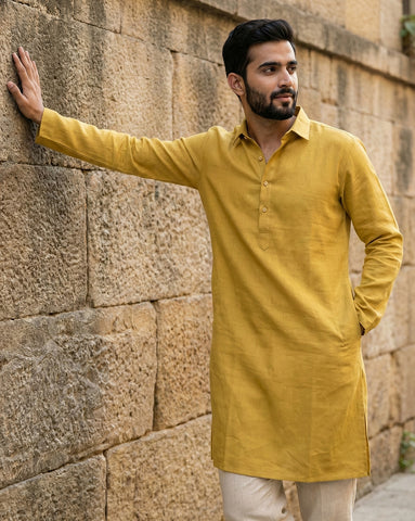 Men's Mustard Yellow Linen Kurta with Off-White Pants Set