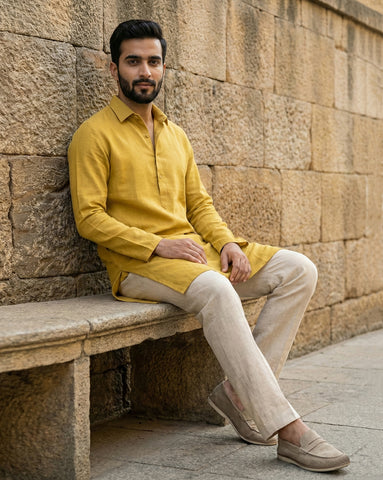 Men's Mustard Yellow Linen Kurta with Off-White Pants Set