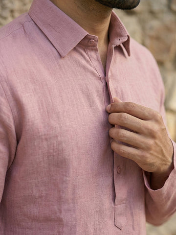 Men's Onion Pink Linen-Look Kurta with Cream Patiala Salwar Set