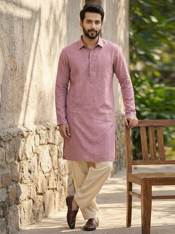 Men's Onion Pink Linen-Look Kurta with Cream Patiala Salwar Set