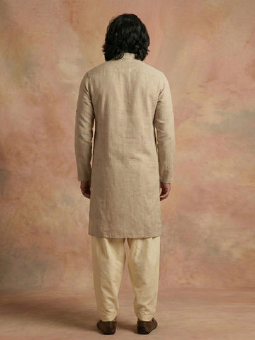 Men's Beige Linen-Blend Kurta with Cream Patiala Salwar Set