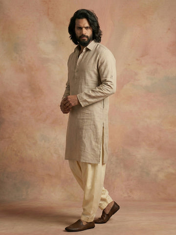Men's Beige Linen-Blend Kurta with Cream Patiala Salwar Set