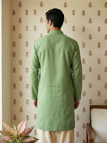 Men's Sage Green Pathani Kurta with Off-White Patiala Salwar Set