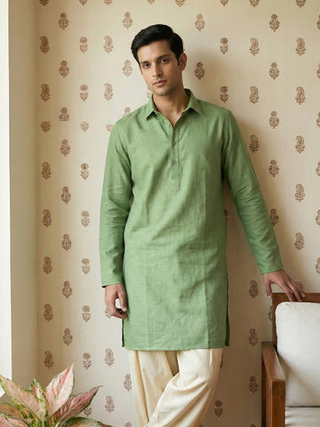 Men's Sage Green Pathani Kurta with Off-White Patiala Salwar Set