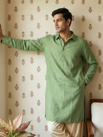 Men's Sage Green Pathani Kurta with Off-White Patiala Salwar Set