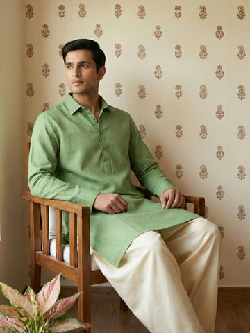 Men's Sage Green Pathani Kurta with Off-White Patiala Salwar Set