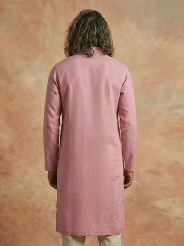 Men's Dusty Pink Linen-Blend Kurta with Off-White Pants Set