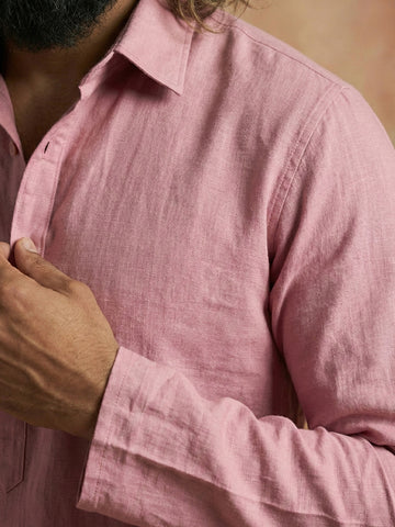 Men's Dusty Pink Linen-Blend Kurta with Off-White Pants Set