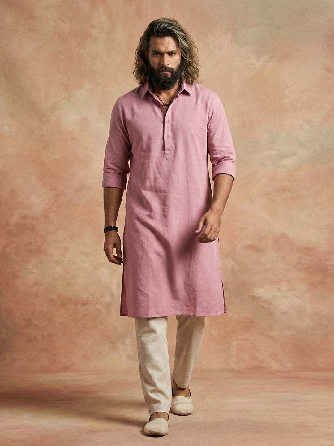Men's Dusty Pink Linen-Blend Kurta with Off-White Pants Set
