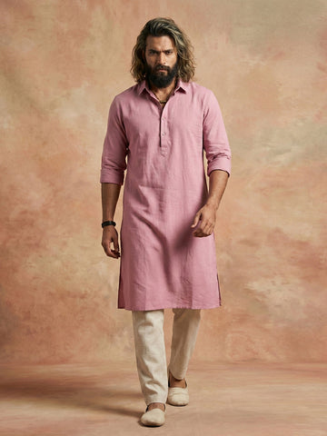 Men's Dusty Pink Linen-Blend Kurta with Off-White Pants Set