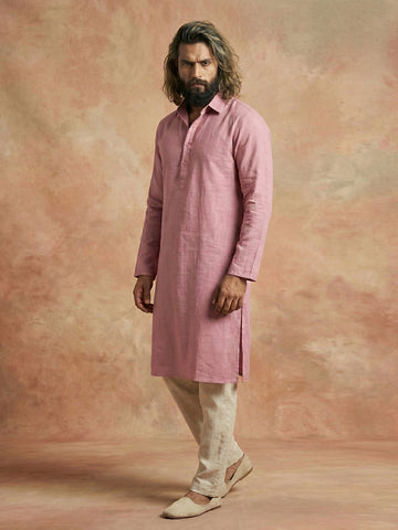 Men's Dusty Pink Linen-Blend Kurta with Off-White Pants Set