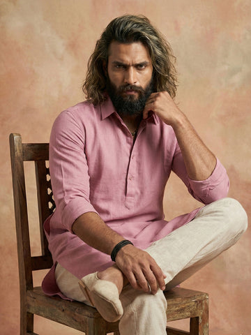 Men's Dusty Pink Linen-Blend Kurta with Off-White Pants Set