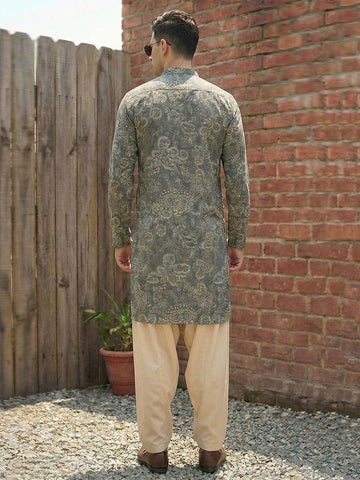 Men's Olive Green Floral Printed Kurta with Beige Patiala Salwar Set