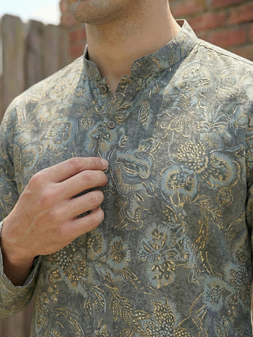 Men's Olive Green Floral Printed Kurta with Beige Patiala Salwar Set