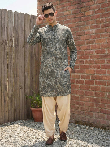Men's Olive Green Floral Printed Kurta with Beige Patiala Salwar Set