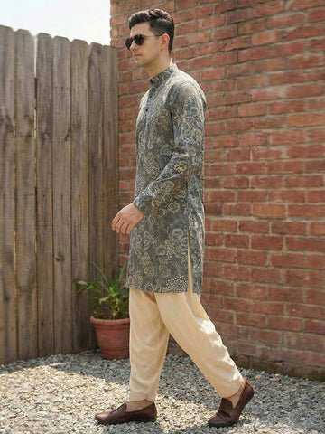 Men's Olive Green Floral Printed Kurta with Beige Patiala Salwar Set