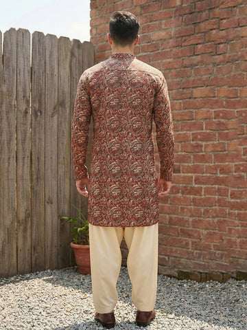 Men's Brown Printed Kurta with Cream Patiala Salwar Set