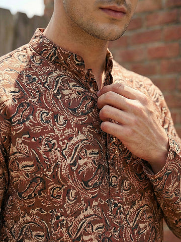 Men's Brown Printed Kurta with Cream Patiala Salwar Set