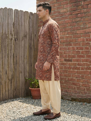 Men's Brown Printed Kurta with Cream Patiala Salwar Set