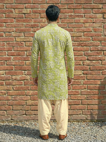 Men's Lime Green Printed Kurta & Beige Patiala Salwar Set