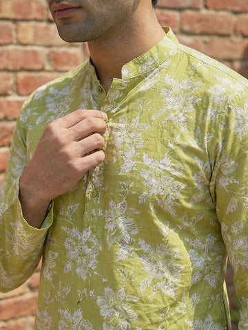 Men's Lime Green Printed Kurta & Beige Patiala Salwar Set