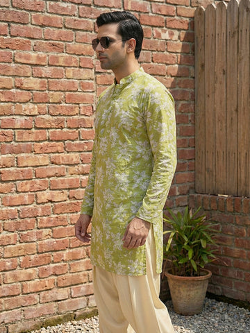 Men's Lime Green Printed Kurta & Beige Patiala Salwar Set