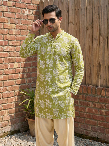 Men's Lime Green Printed Kurta & Beige Patiala Salwar Set
