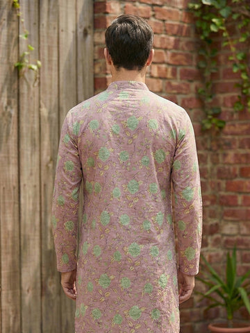 Men's Dusty Pink Floral Printed Kurta with Beige Pant Set