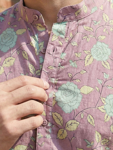 Men's Dusty Pink Floral Printed Kurta with Beige Pant Set