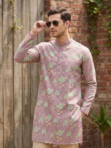 Men's Dusty Pink Floral Printed Kurta with Beige Pant Set