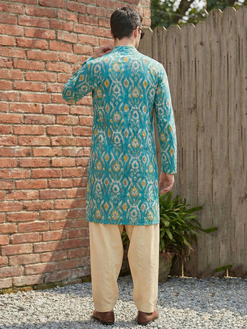 Men's Turquoise Ikat Print Kurta with Cream Patiala Salwar Set