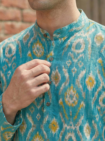 Men's Turquoise Ikat Print Kurta with Cream Patiala Salwar Set