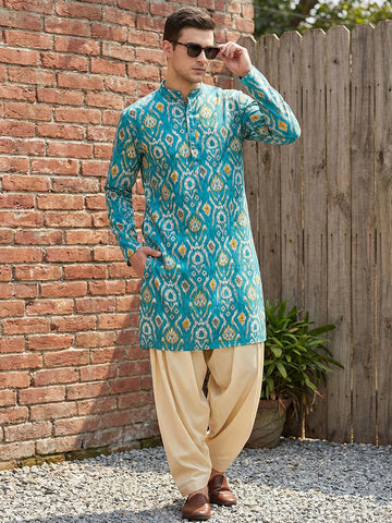 Men's Turquoise Ikat Print Kurta with Cream Patiala Salwar Set