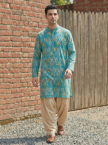 Men's Turquoise Ikat Print Kurta with Cream Patiala Salwar Set