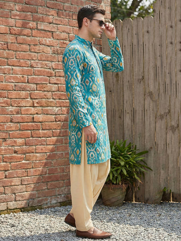 Men's Turquoise Ikat Print Kurta with Cream Patiala Salwar Set