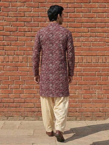 Men's Maroon Floral Kalamkari Print Kurta with Cream Patiala Salwar Set