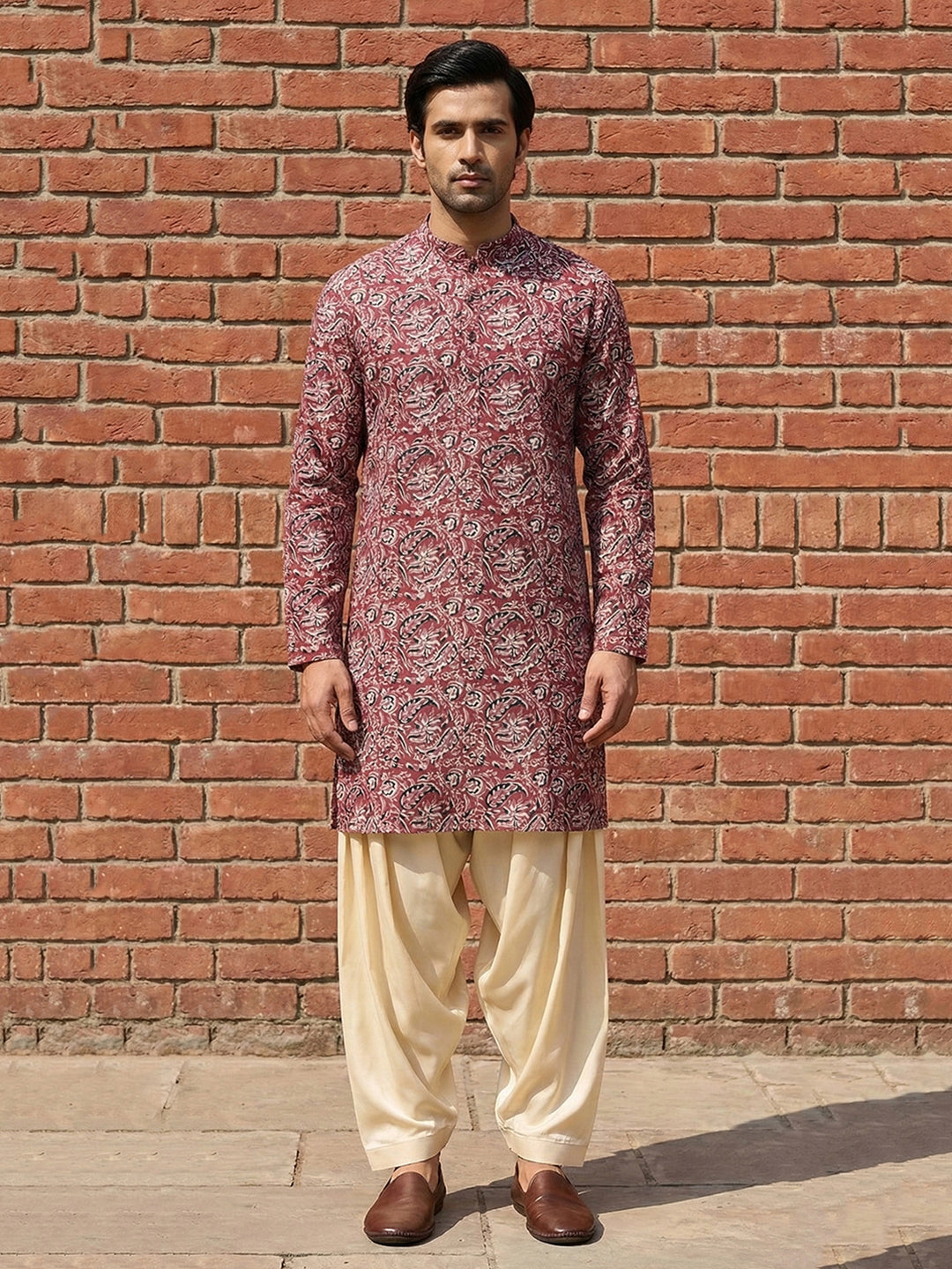 Men's Maroon Floral Kalamkari Print Kurta with Cream Patiala Salwar Set