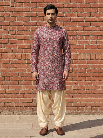 Men's Maroon Floral Kalamkari Print Kurta with Cream Patiala Salwar Set