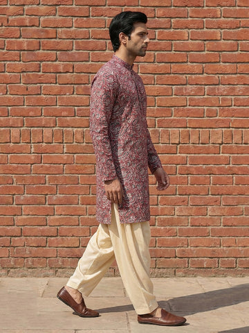 Men's Maroon Floral Kalamkari Print Kurta with Cream Patiala Salwar Set